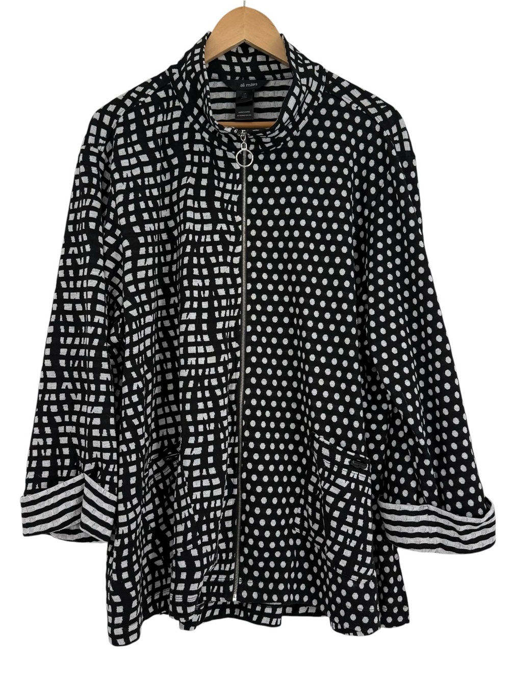 Ali Miles Jacket Womens Size 3X Black White Dot Knit Art-to-wear Full Zip